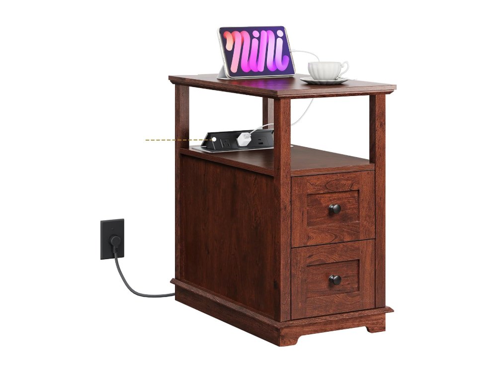 End Table with Charging Station & 2 Drawers Narrow Nightstand