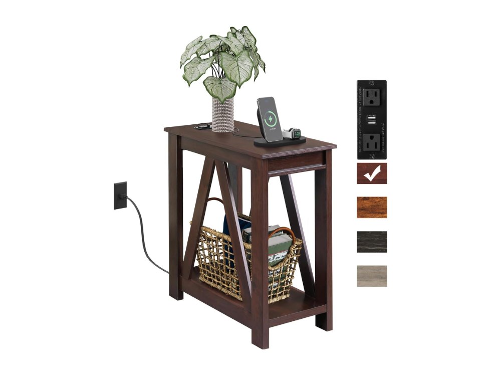Narrow End Table with Charging Station of Open Storage