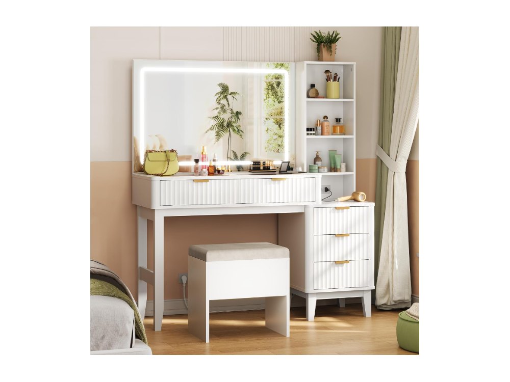 White Fluted Vanity Desk with Chair
